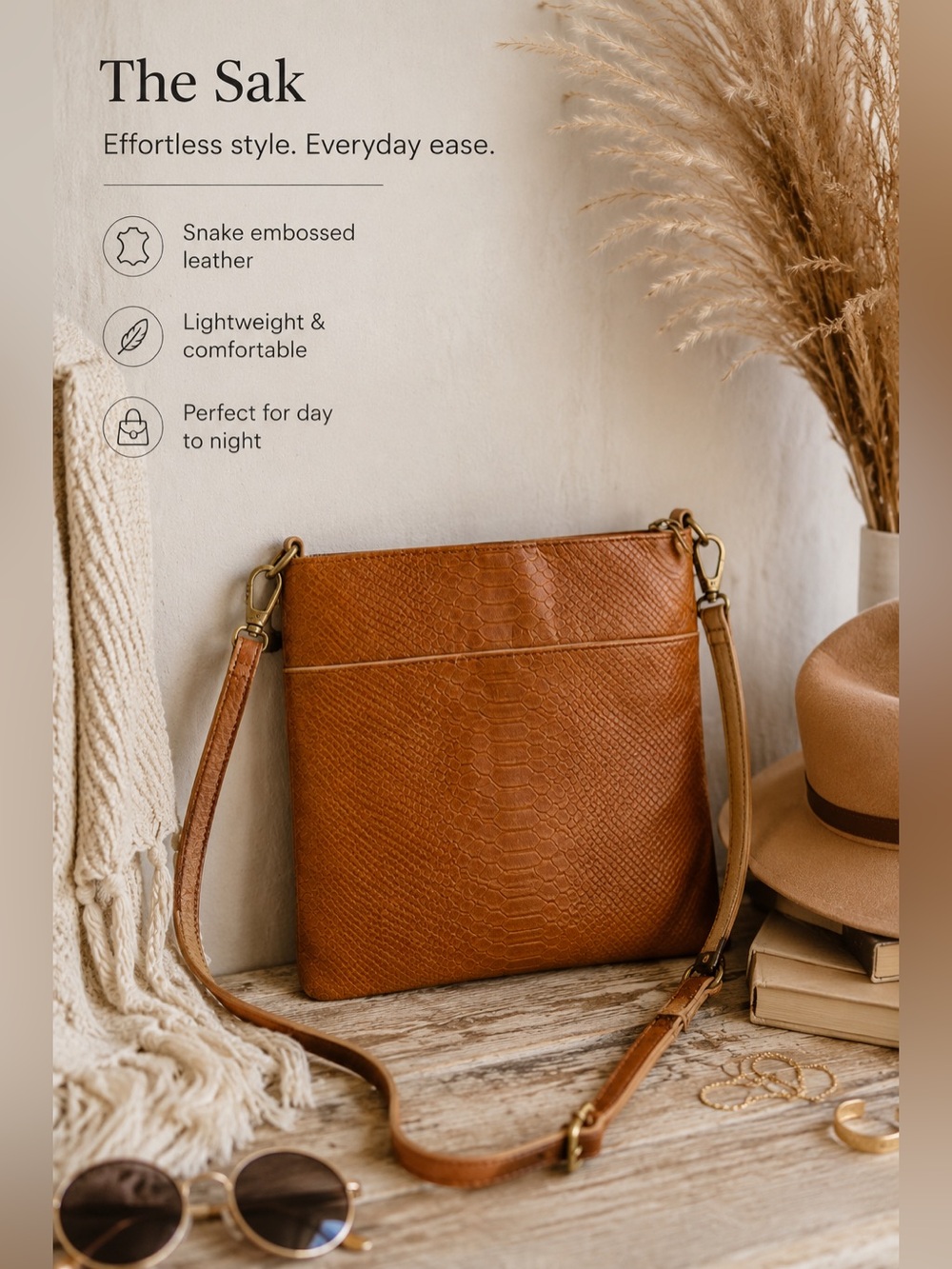 The Sak Cognac Leather Crossbody Bag Snake Embossed Boho Quiet Luxury